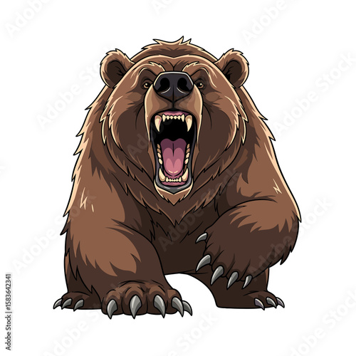A ferocious brown bear roars, displaying sharp teeth and claws.