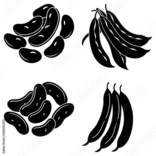 Illustration showcasing various types of beans including kidney beans and green beans in black and white style