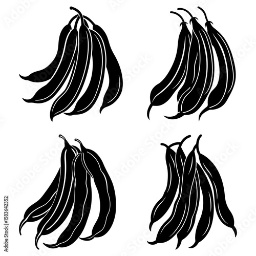 Four groups of black and white bean pods in various clusters are arranged on a white background image