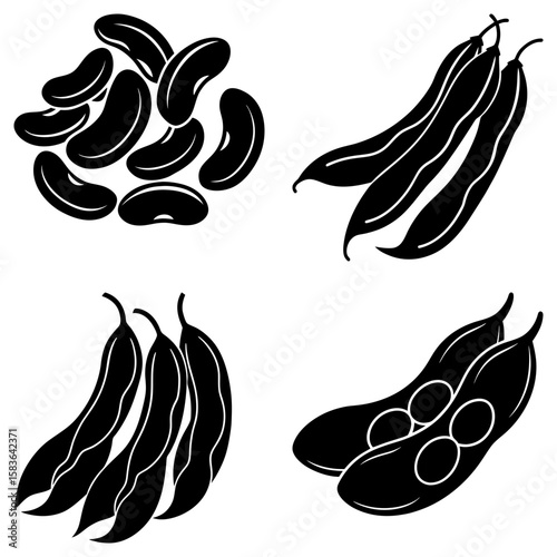 Illustration showing a variety of beans including loose beans and beans inside pods, all in black and white
