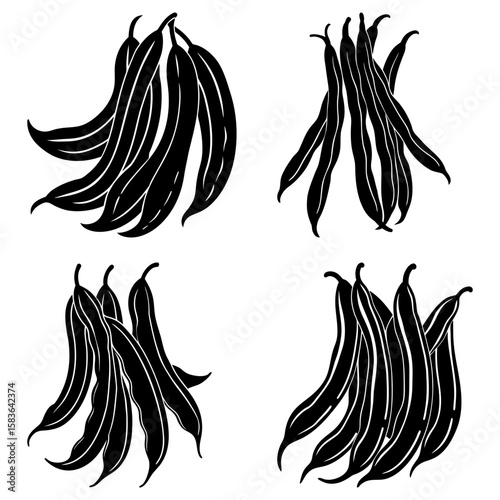 Four clusters of black and white string beans in a simple, contrasting monochrome illustration style