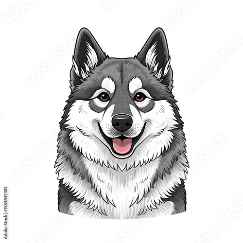 A cheerful Alaskan Malamute dog portrait, depicted in grayscale with expressive eyes and a happy expression.