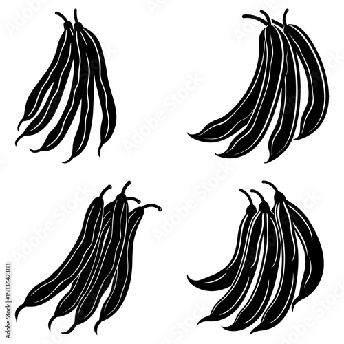 Illustration of four clusters of string beans with a black and white color scheme and simple design style