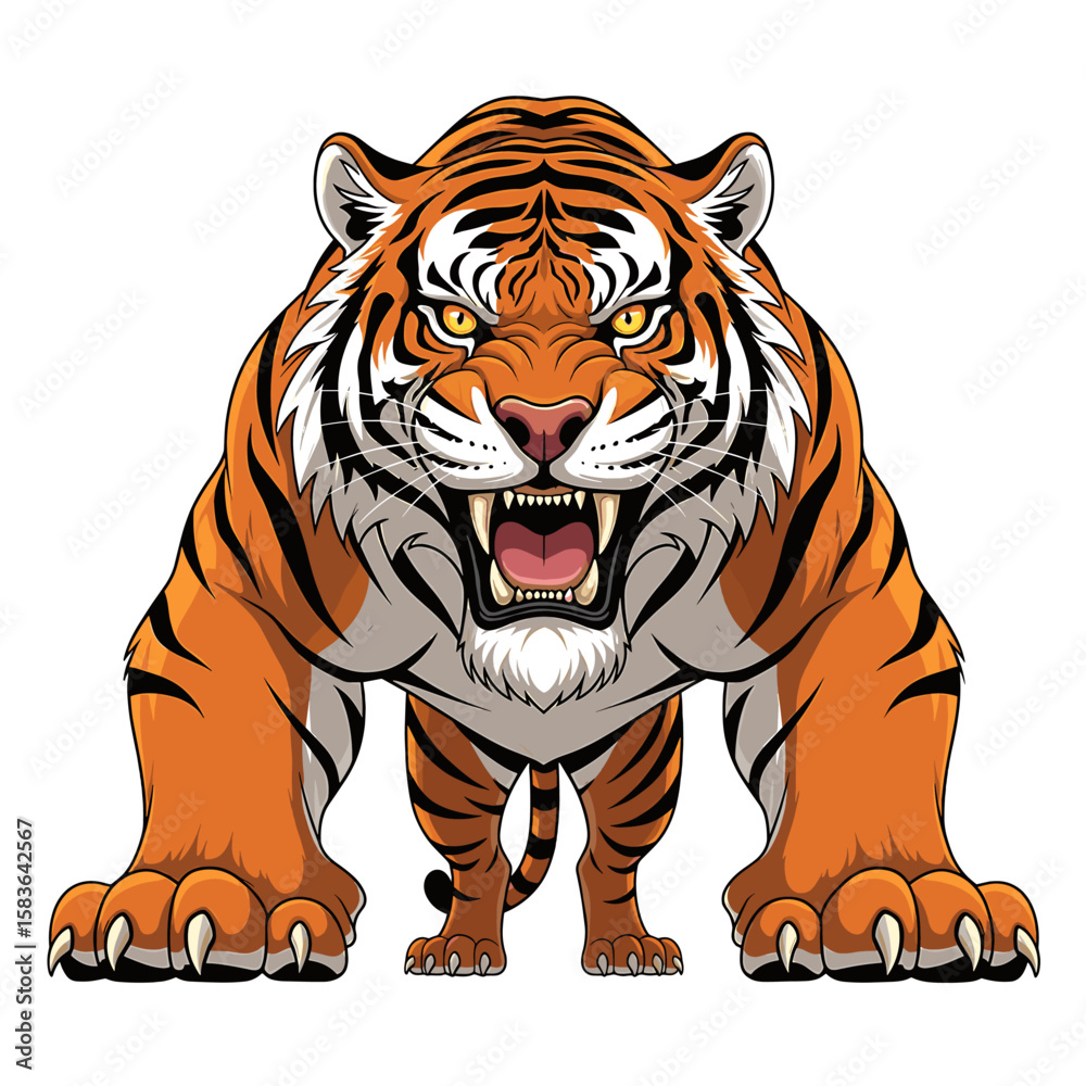 Obraz premium Powerful tiger illustration, front view, fierce expression.