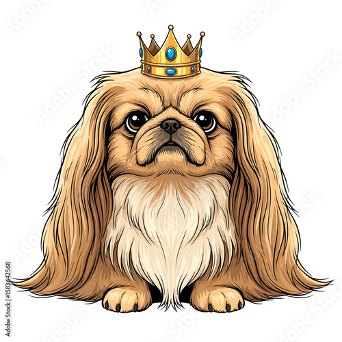 A regal Pekingese dog, adorned with a golden crown, sits majestically against a white background.
