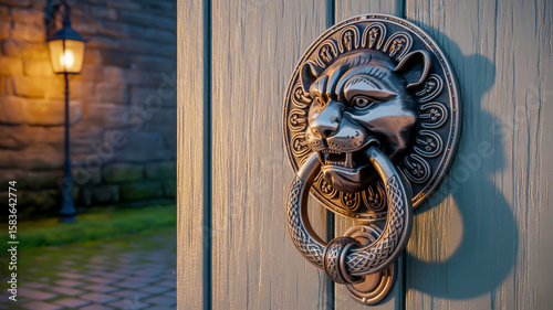 A close-up photograph of an ornate antique metal door knocker mounted on weathered wooden door panels.