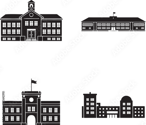 Set of School building silhouette vector illustration isolated On Transparent Background