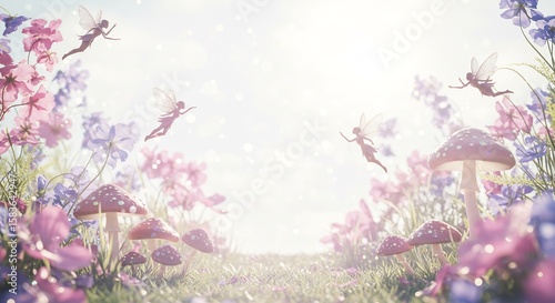 Whimsical fairies dance playfully in sunlit meadow amongst vibrant flowers and mushrooms. AI Generated
