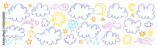 Crayon cloud, sun, star. Chalk kid moon, wind, cloud pastel illustration. Pencil crayon texture line hand drawn sky. Cute kid color brush paint rain star sun background. Child chalk doodle element bg