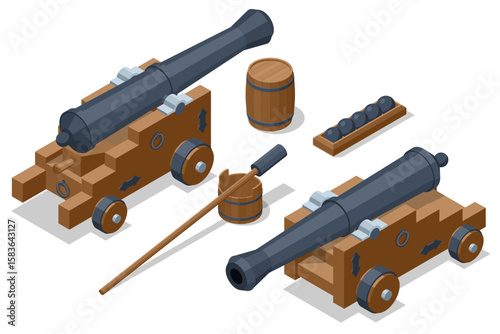Isometric set of two vintage ship cannons on wooden carriages, complete with a barrel of gunpowder, cannonballs on a rack, and a rammer for loading. Pirate, Buccaneer, Corsair, Filibuster, Freebooter