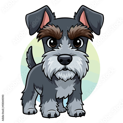 Cartoon illustration of a grey schnauzer puppy with a serious expression.