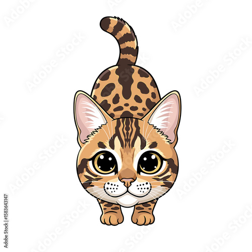 Cartoon illustration of a Bengal cat, looking directly at the viewer, with large expressive eyes.