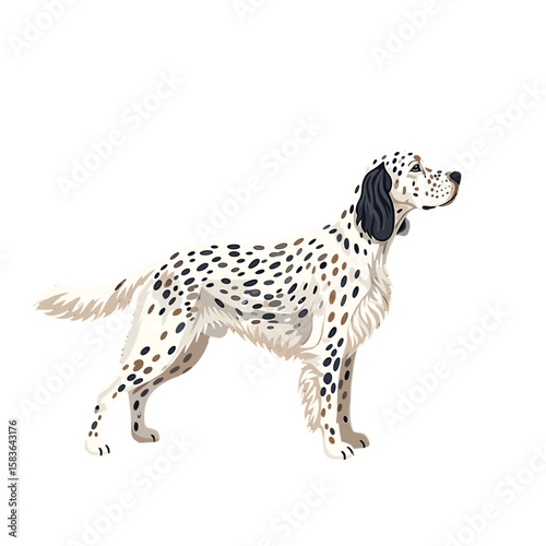 Elegant English Setter dog, spotted coat, profile view, standing alert.