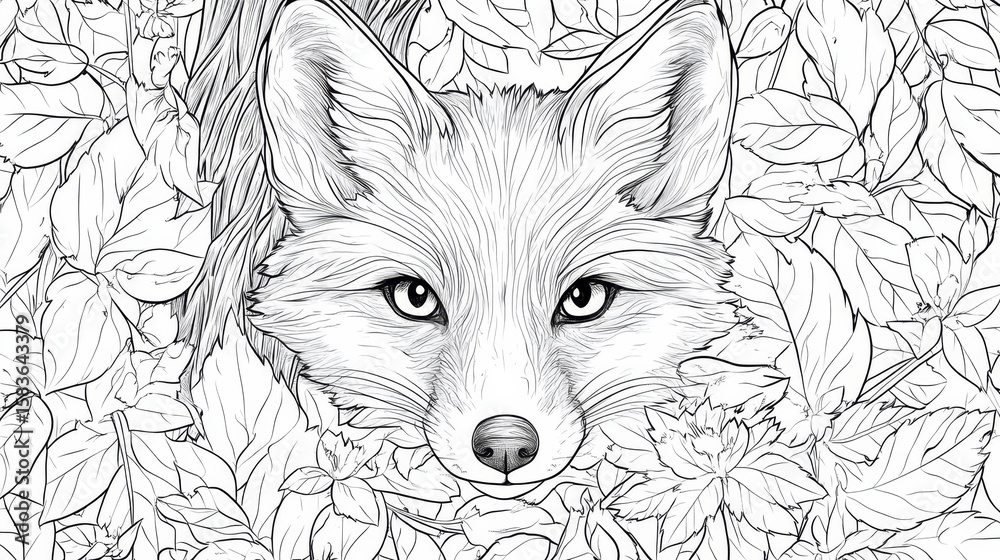 Fototapeta premium Curious fox peeking amongst leaves nature scene detailed coloring page outdoor environment close-up viewpoint for relaxation and creativity