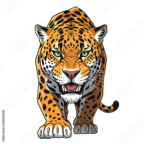 Powerful jaguar illustration, front view, snarling, intense gaze, detailed spots, wild cat.