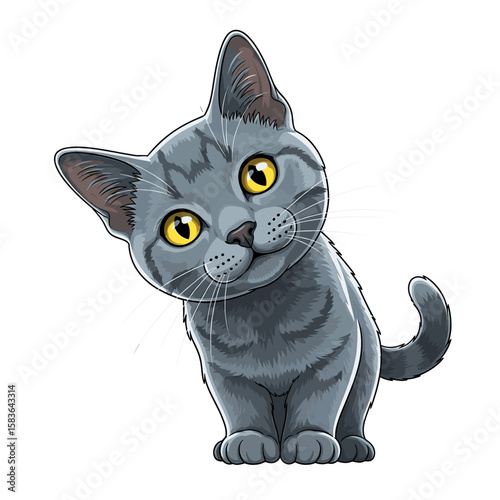 A charming cartoon illustration of a curious, gray kitten tilting its head.