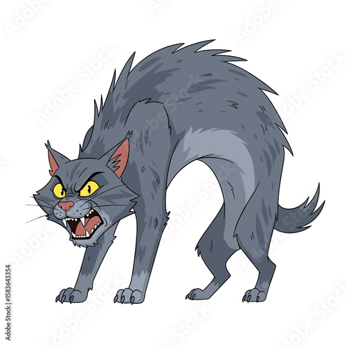 Cartoon illustration of an angry gray cat with arched back, bared teeth, and yellow eyes, isolated on a white background.
