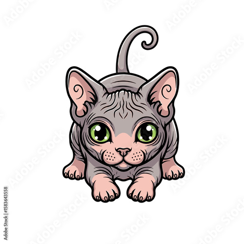 Adorable Sphynx kitten, grey furless coat, large green eyes, playful pose.