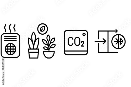 Eco-Friendly Home Icons. Line style icons of eco home habits: air purifier with HEPA icon, houseplants for air quality, indoor CO₂