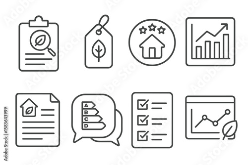 Eco Home Habit Icons. Line style icons of eco home habits: home eco audit icon, sustainability score tag, household rating badge,