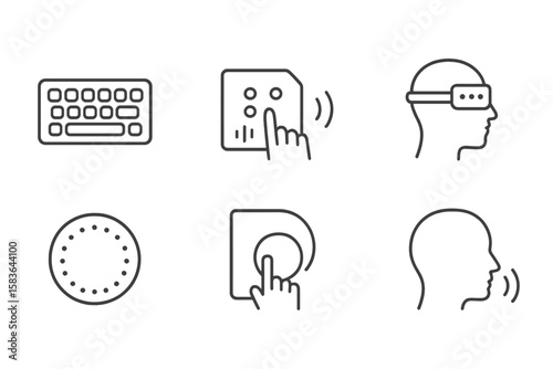 Digital Inclusion Icons. Line style icons of digital inclusion: tactile keyboard icon, Braille display tag, feedback vibration
