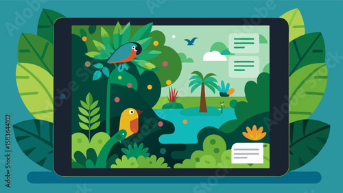 Each room is equipped with a digital tablet providing guests with detailed information about the flora and fauna of the rainforest.. Vector illustration