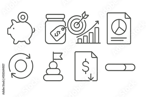 Mobile Banking Icons. Line style icons of mobile banking solutions: savings goal icon, money jar tag, target tracker chart, budget
