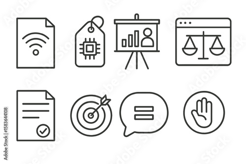Digital Inclusion Icons. Line style icons of digital inclusion: digital access policy icon, tech equity tag, inclusion charter