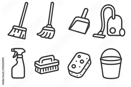 Cleaning Tools Icons. Line style icons of cleaning tools: broom, mop, dustpan, vacuum cleaner. spray bottle, brush, sponge, bucket