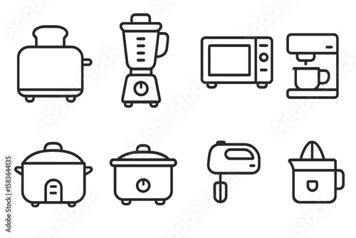 Kitchen Appliance Icons. Line style icons of kitchen appliances: toaster, blender, microwave, coffee maker. rice cooker, slow