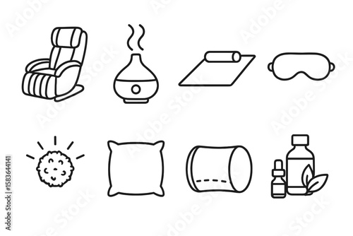 Relaxation Icons Collection. Line style icons of relaxation items: massage chair, aromatherapy diffuser, meditation mat, eye mask.