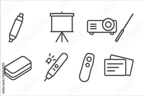 Presentation Tools Icons. Line style icons of presentation tools: whiteboard marker, flipchart, projector, pointer. board eraser,