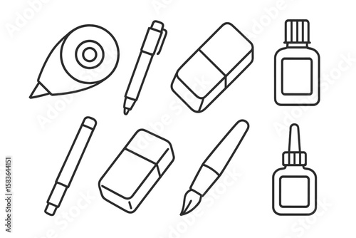 Correction Tool Icons. Line style icons of correction tools: correction tape, white-out pen, eraser, correction fluid. pen eraser,