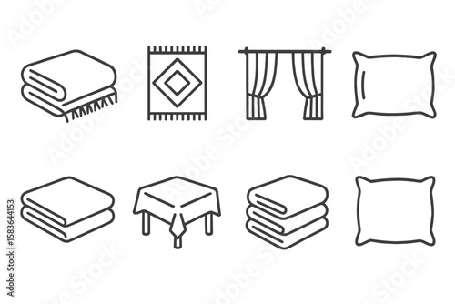 Textile Line Icons. Line style icons of textiles: blanket, rug, curtains, pillowcase. bed sheets, tablecloth, towels, cushion. No
