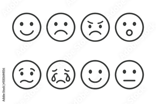Facial Emotion Icons. Line style icons of facial emotions: happy face, sad face, angry face, surprised face. confused face, crying