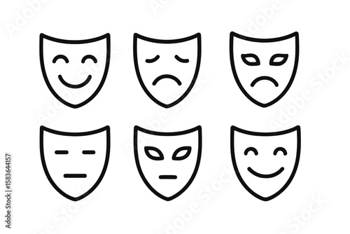 Emotional Mask Icons. Line style icons of emotional masks: happy mask, sad mask, drama mask, neutral mask. comedy mask, tragedy