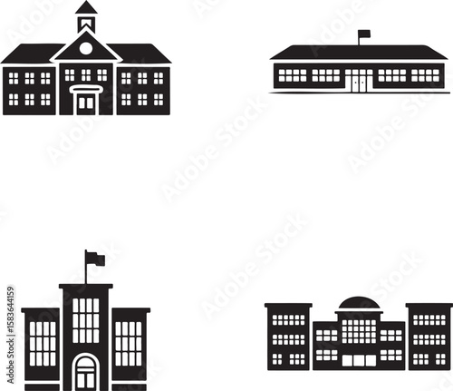 Set of School building silhouette vector illustration isolated On Transparent Background