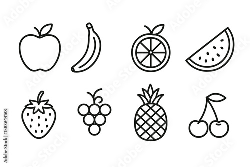 Fruit Line Icons. Line style icons of fruits: apple, banana, orange, watermelon. strawberry, grapes, pineapple, cherry. No text,