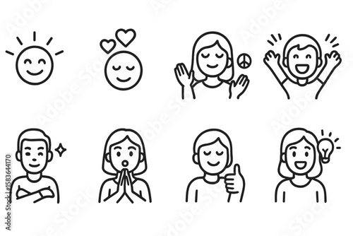 Emotional Icons. Line style icons of positive emotions: joy, love, peace, excitement. confidence, admiration, satisfaction,