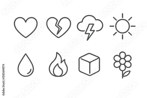 Emotion Icon Set. Line style icons of emotional symbols: heart, broken heart, thundercloud, sunshine. rain drop, flame, ice cube,