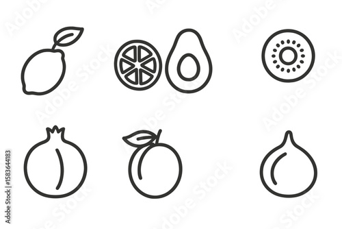 Line Icons_ Kitchen Fruits. Line style icons of kitchen fruits: lemon, lime, avocado, kiwi. pomegranate, plum, peach, fig. No text