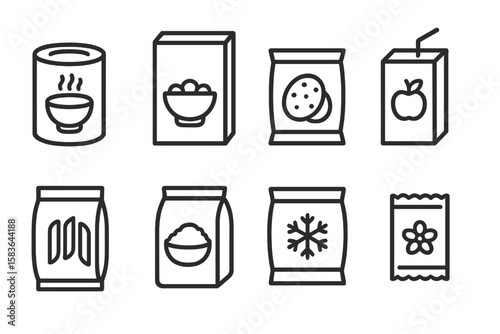 Packaged Food Icons. Line style icons of packaged food: canned soup, cereal box, snack pack, juice box. pasta bag, rice packet,