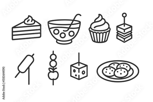 Party Food Icons. Line style icons of party food: cake slice, punch bowl, cupcake, mini sandwich. cocktail sausage, fruit skewer,