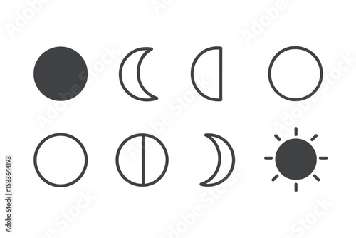 Moon Phases Icons. Line style icons of moon phases: new moon, crescent moon, first quarter, gibbous. full moon, third quarter,