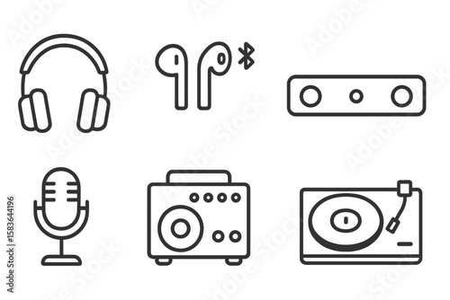 Sound Device Icons. Line style icons of sound devices: headphones, earbuds, Bluetooth speaker, soundbar. microphone, amplifier,
