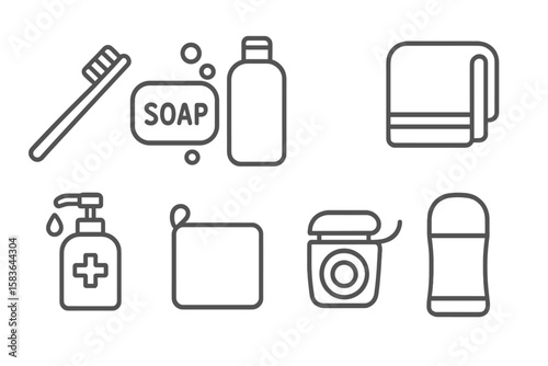 Hygiene Checklist Icons. Line style icons of hygiene checklist: toothbrush, soap, shampoo, clean towel. hand sanitizer, face cloth