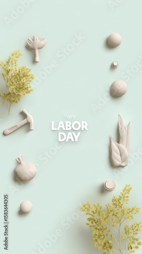 Happy labor day celebration with tools and plants on pastel background