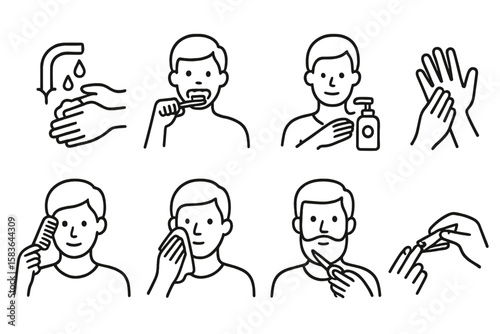 Healthy Habits Icons. Line style icons of clean habits: washing hands, brushing teeth, applying lotion, cleaning nails. combing