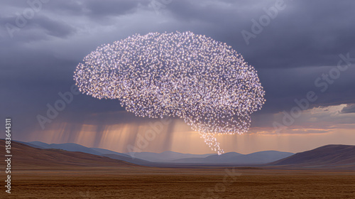 A flock of birds forms the shape of a brain in the sky above a vast, open landscape with distant hills under a dramatic, cloudy sunset.