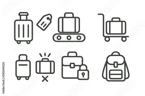 Airport Luggage Icons. Line style icons of airport luggage: suitcase, baggage tag, conveyor belt, luggage cart. carry-on, lost